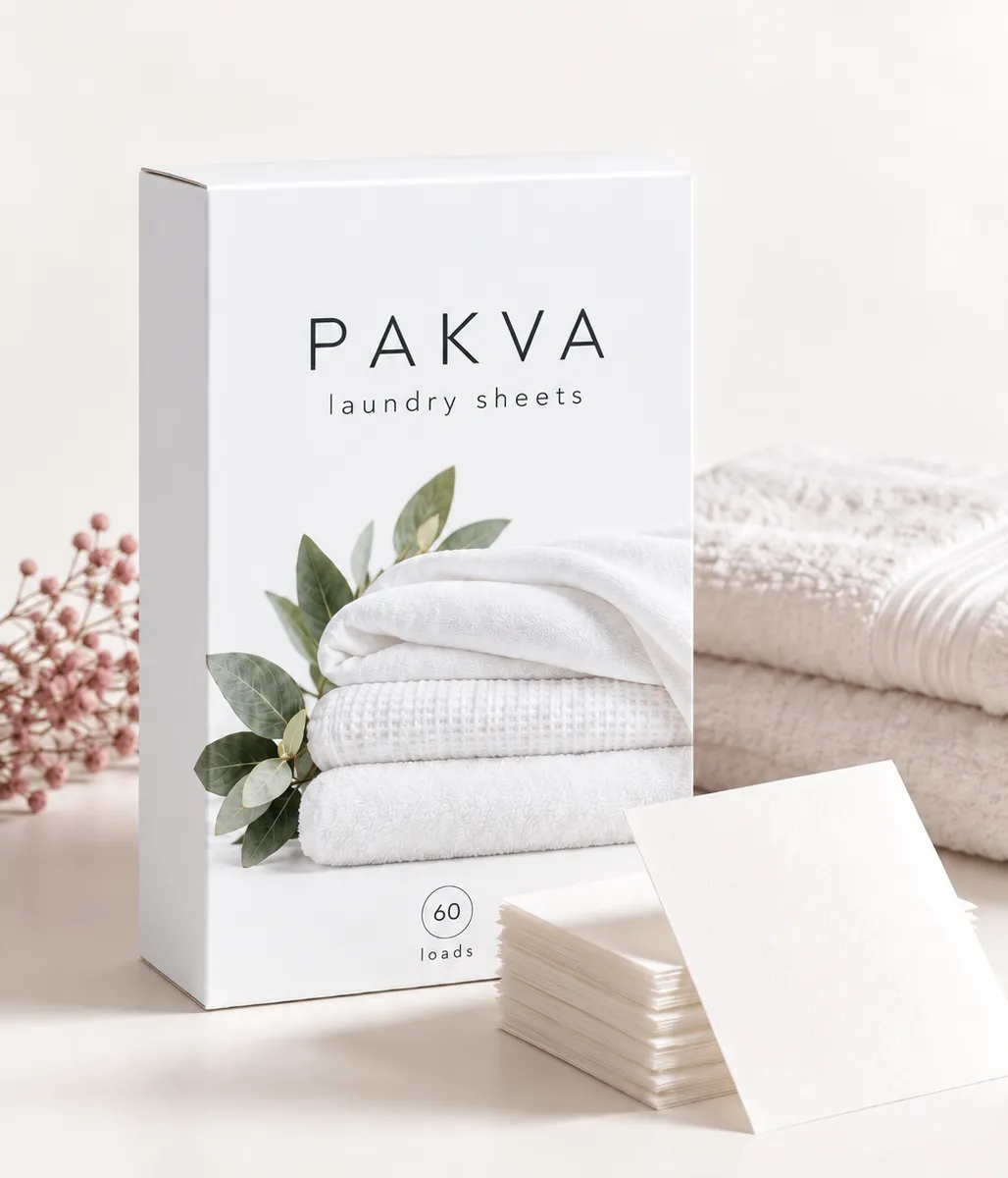 Illustrative cream paper pack with a blank violet label, white detergent sheets and a folded cotton towel.